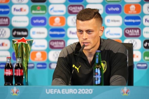 In this handout picture provided by UEFA, Tomas Holes of Czech Republic speaks to the media during the Czech Republic Press Conference after the UEFA...