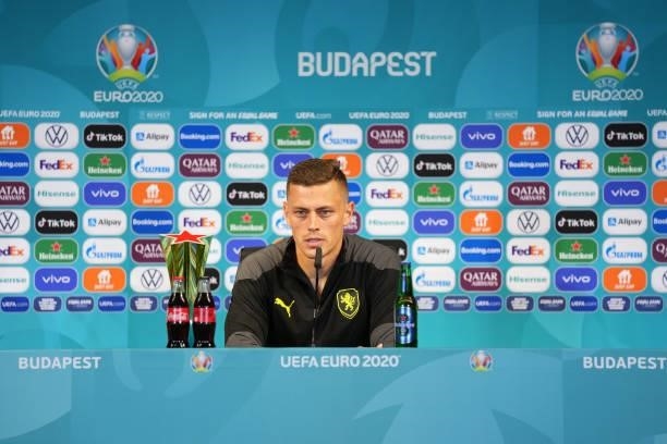 In this handout picture provided by UEFA, Tomas Holes of Czech Republic speaks to the media during the Czech Republic Press Conference after the UEFA...