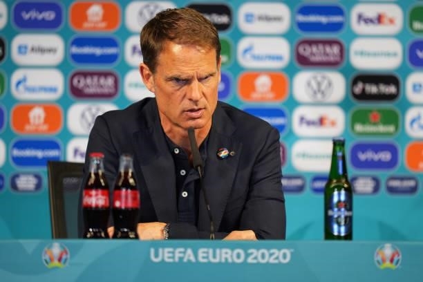 In this handout picture provided by UEFA, Frank de Boer, Head Coach of Netherlands speaks to the media during the Netherlands Press Conference after...