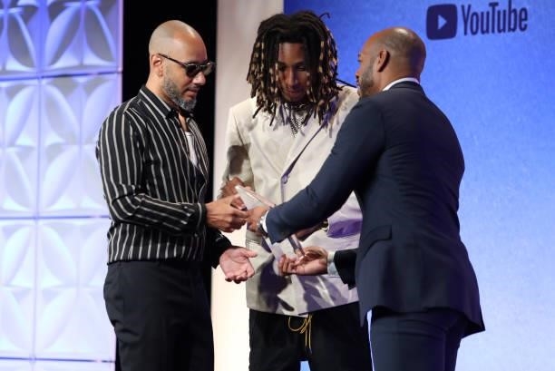 Swizz Beatz onstage with son Nasir Dean and Demarco Morgan, receives the 2021 Culture Creatos Icon award attends the Culture Creators Innovators &...