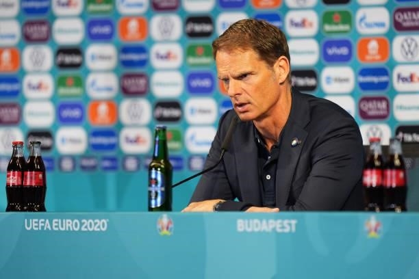 In this handout picture provided by UEFA, Frank de Boer, Head Coach of Netherlands speaks to the media during the Netherlands Press Conference after...