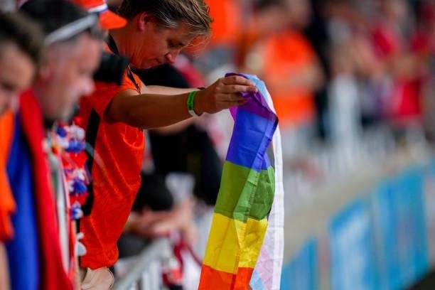 Supporter of the Netherlands with the rainbow flag during the UEFA Euro 2020: Round of 16 match between Netherlands and Czech Republic at Puskas...