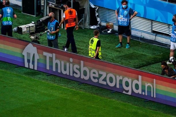 Led banner with an advertisement of thuisbezorgd.nl with the rainbow flag prior to the UEFA Euro 2020: Round of 16 match between Netherlands and...