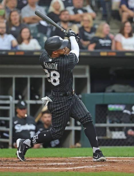 Leury Garcia of the Chicago White Sox bats against the Seattle Mariners at Guaranteed Rate Field on June 25, 2021 in Chicago, Illinois. The Mariners...