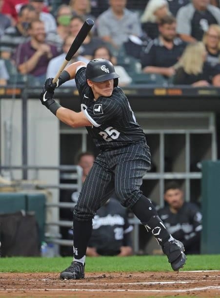Andrew Vaughn of the Chicago White Sox bats against the Seattle Mariners at Guaranteed Rate Field on June 25, 2021 in Chicago, Illinois. The Mariners...
