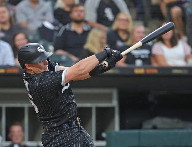 Andrew Vaughn of the Chicago White Sox bats against the Seattle Mariners at Guaranteed Rate Field on June 25, 2021 in Chicago, Illinois. The Mariners...