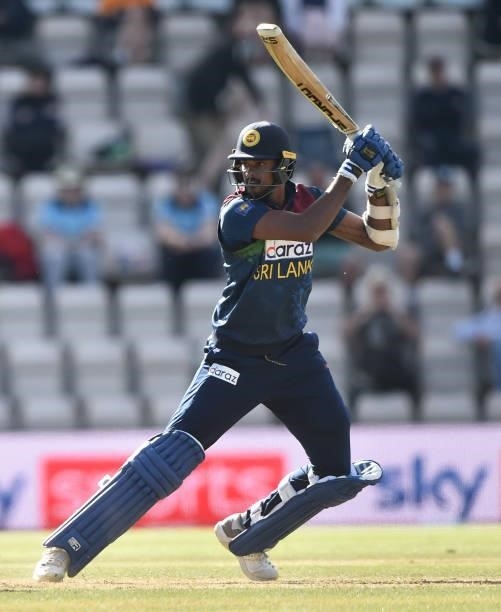 Binura Fernando of Sri Lanka bats during the T20 International Series Third T20I match between England and Sri Lanka at Ageas Bowl on June 26, 2021...