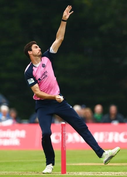 Steven Finn of Middlesex bowls during the Vitality Blast T20 match between Middlesex and Glamorgan at Radlett Cricket Club on June 27, 2021 in...