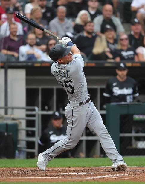 Dylan Moore of the Seattle Mariners bats against the Chicago White Sox at Guaranteed Rate Field on June 25, 2021 in Chicago, Illinois. The Mariners...