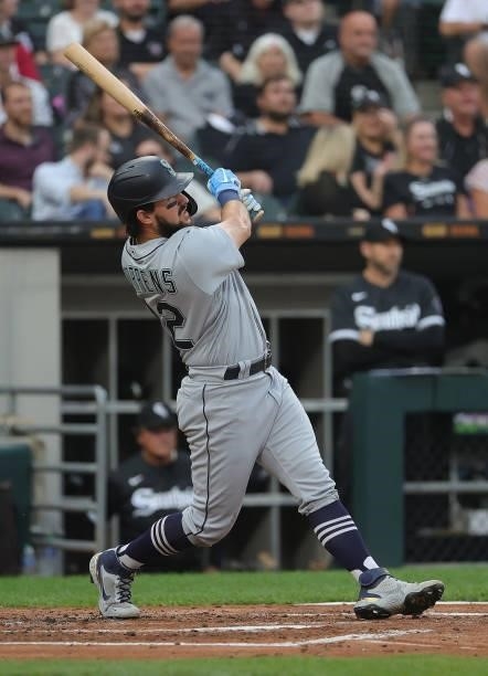 Luis Torrens of the Seattle Mariners hits a two run home run against the Chicago White Sox at Guaranteed Rate Field on June 25, 2021 in Chicago,...