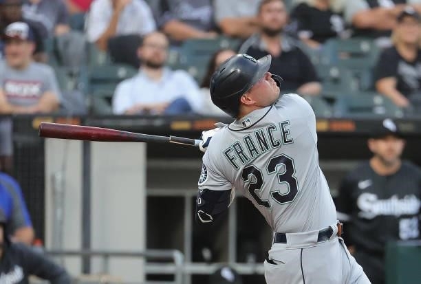 Ty France of the Seattle Mariners bats against the Chicago White Sox at Guaranteed Rate Field on June 25, 2021 in Chicago, Illinois. The Mariners...