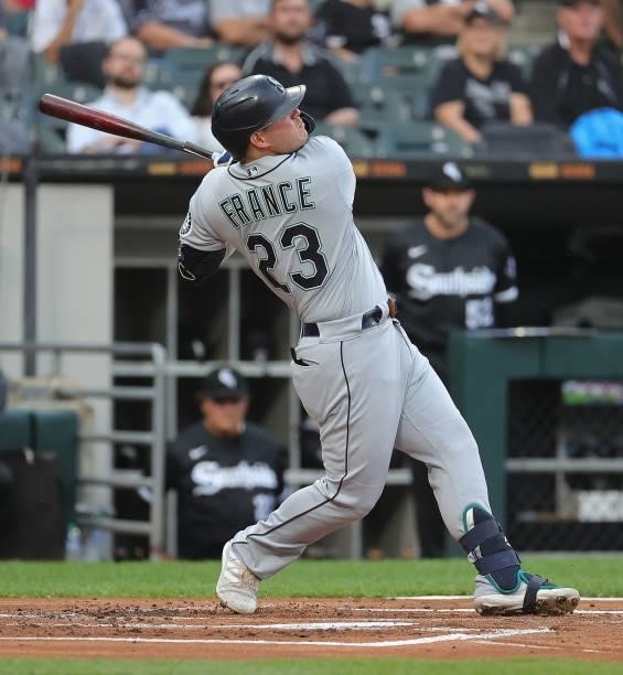 Ty France of the Seattle Mariners bats against the Chicago White Sox at Guaranteed Rate Field on June 25, 2021 in Chicago, Illinois. The Mariners...