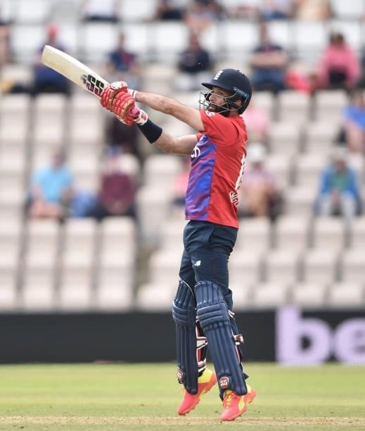 Moeen Ali of England bats during the T20 International Series Third T20I match between England and Sri Lanka at Ageas Bowl on June 26, 2021 in...