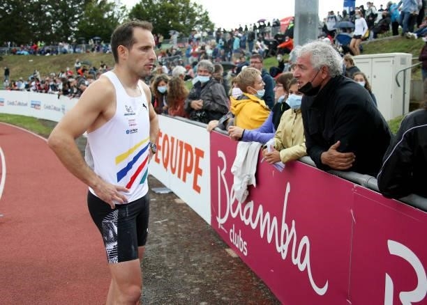 Renaud Lavillenie with his coach Philippe d'Encausse during day 3 of the 2021 French Athletics Championships at Stade Josette et Roger Mikulak on...
