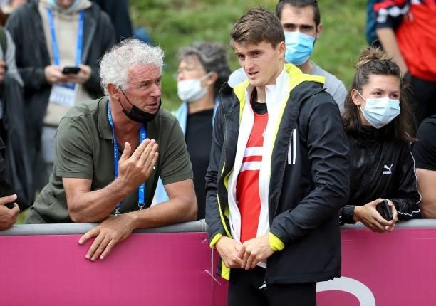 Ethan Cormont with coach Philippe d'Encausse during day 3 of the 2021 French Athletics Championships at Stade Josette et Roger Mikulak on June 27,...