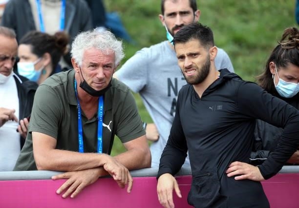 Valentin Lavillenie with his coach Philippe d'Encausse during day 3 of the 2021 French Athletics Championships at Stade Josette et Roger Mikulak on...