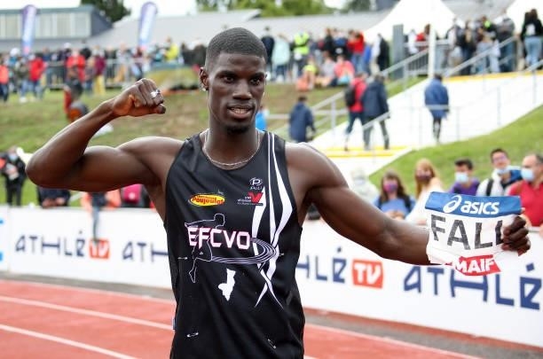 Mouhamadou Fall wins the 200m final during day 3 of the 2021 French Athletics Championships at Stade Josette et Roger Mikulak on June 27, 2021 in...