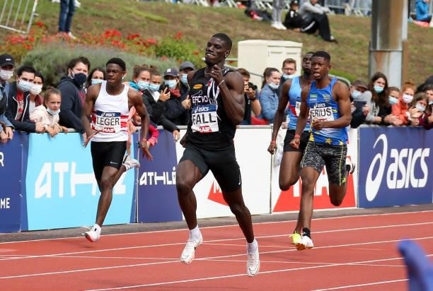 Mouhamadou Fall wins the 200m final during day 3 of the 2021 French Athletics Championships at Stade Josette et Roger Mikulak on June 27, 2021 in...