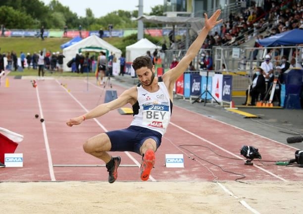 Augustin Bey wins the long jump final during day 3 of the 2021 French Athletics Championships at Stade Josette et Roger Mikulak on June 27, 2021 in...