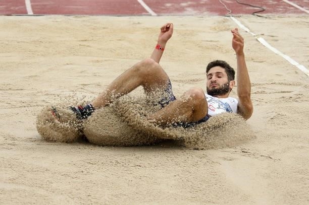 Augustin Bey wins the long jump final during day 3 of the 2021 French Athletics Championships at Stade Josette et Roger Mikulak on June 27, 2021 in...