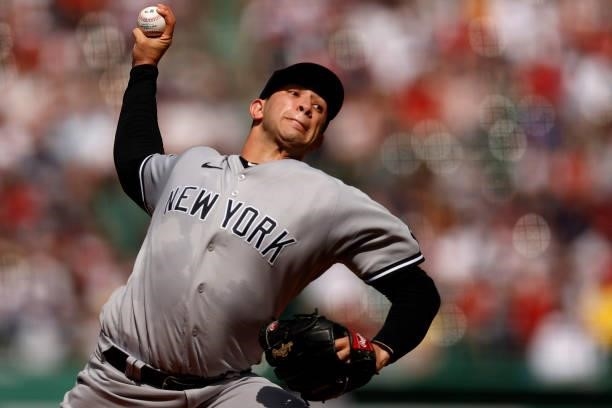Luis Cessa of the New York Yankees throws against the Boston Red Sox during the seventh inning at Fenway Park on June 27, 2021 in Boston,...