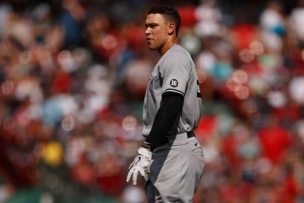 Aaron Judge of the New York Yankees looks on during the seventh inning against the Boston Red Sox at Fenway Park on June 27, 2021 in Boston,...
