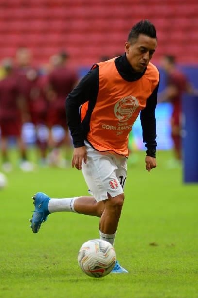 Christian Cueva of Peru drives the ball during warm up before a Group B Match between Venezuela and Peru as part of Copa America Brazil 2021 at Mane...