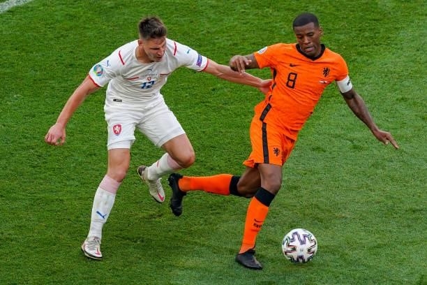 Lukas Masopust of Czech Republic battles for possession with Georginio Wijnaldum of the Netherlands during the UEFA Euro 2020: Round of 16 match...