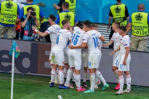 Tomas Holes of Czech Republic celebrates after scoring his sides first goal with Patrik Schick of Czech Republic, Pavel Kaderabek of Czech Republic,...