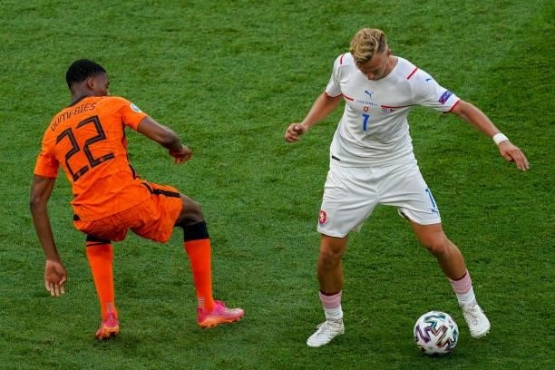 Denzel Dumfries of the Netherlands and Antonin Barak of Czech Republic during the UEFA Euro 2020: Round of 16 match between Netherlands and Czech...