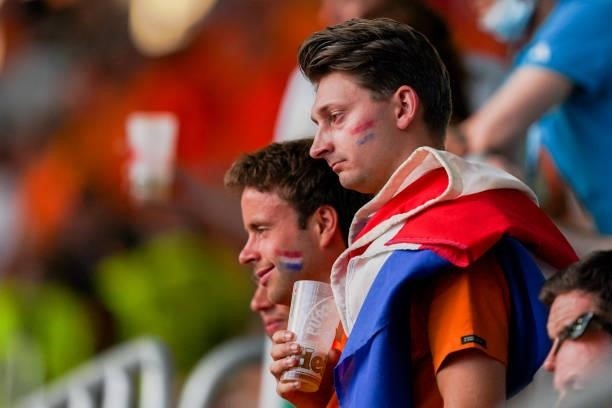 Disappointed fans and supporters of the Netherlands after their loss against Czech Republic during the UEFA Euro 2020: Round of 16 match between...