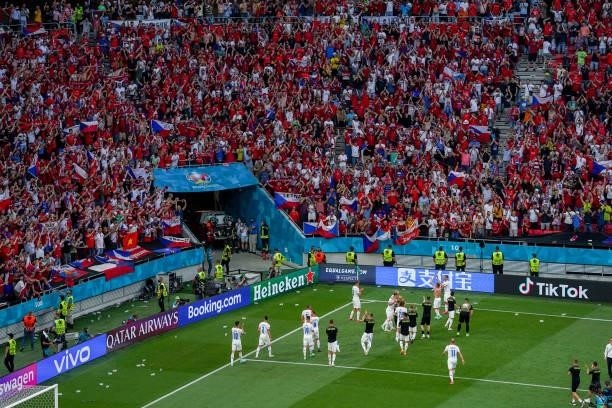 Team of Czech Republic celebrating the win with their fans and supporters during the UEFA Euro 2020: Round of 16 match between Netherlands and Czech...