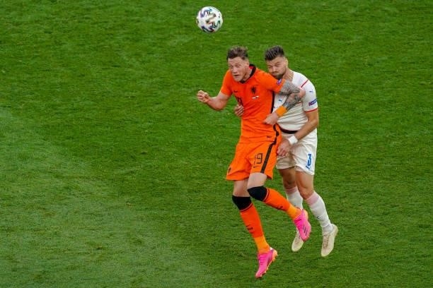 Wout Weghorst of the Netherlands and Ondrej Celustka of Czech Republic during the UEFA Euro 2020: Round of 16 match between Netherlands and Czech...