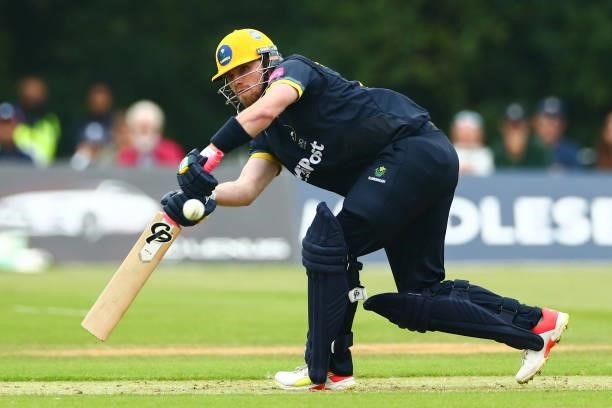 Dan Douthwaite of Glamorgan bats during the Vitality Blast T20 match between Middlesex and Glamorgan at Radlett Cricket Club on June 27, 2021 in...