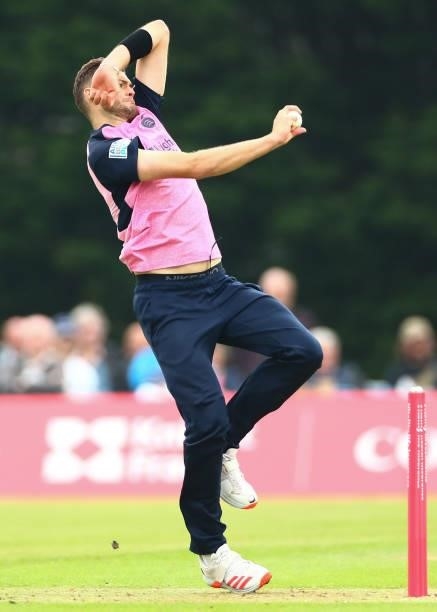 Tom Helm of Middlesex bowls during the Vitality Blast T20 match between Middlesex and Glamorgan at Radlett Cricket Club on June 27, 2021 in Radlett,...