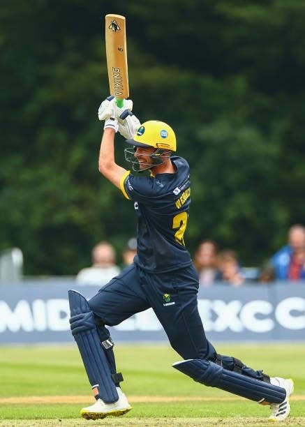 James Weighell of Glamorgan bats during the Vitality Blast T20 match between Middlesex and Glamorgan at Radlett Cricket Club on June 27, 2021 in...