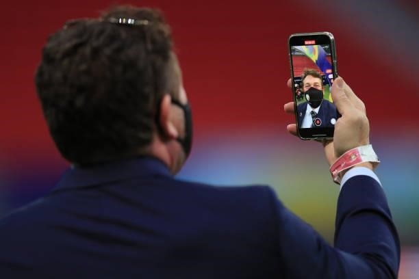 President of Conmebol Alejandro Dominguez records a video before a Group B Match between Venezuela and Peru as part of Copa America Brazil 2021 at...