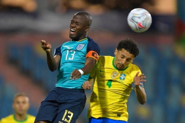 Enner Valencia of Ecuador jumps for the ball with Marquinhos of Brazil during a group B match between Brazil and Ecuador as part of Copa America...