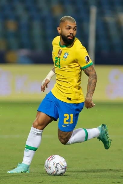 Gabriel Barbosa of Brazil controls the ball during a group B match between Brazil and Ecuador as part of Copa America Brazil 2021 at Estadio Olimpico...