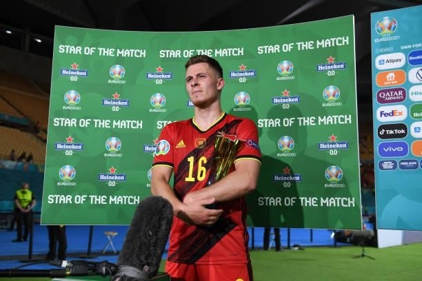 Thorgan Hazard of Belgium poses for a photograph with the Heineken "Star of the Match