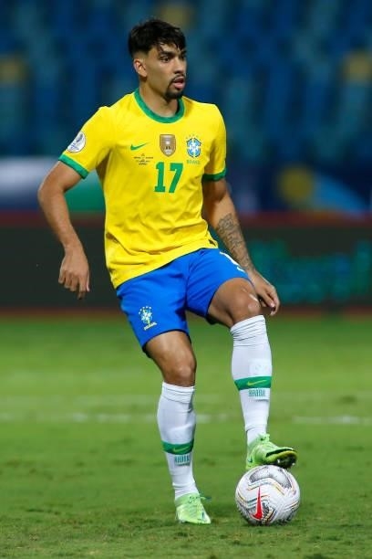 Lucas Paqueta of Brazil controls the ball during a group B match between Brazil and Ecuador as part of Copa America Brazil 2021 at Estadio Olimpico...