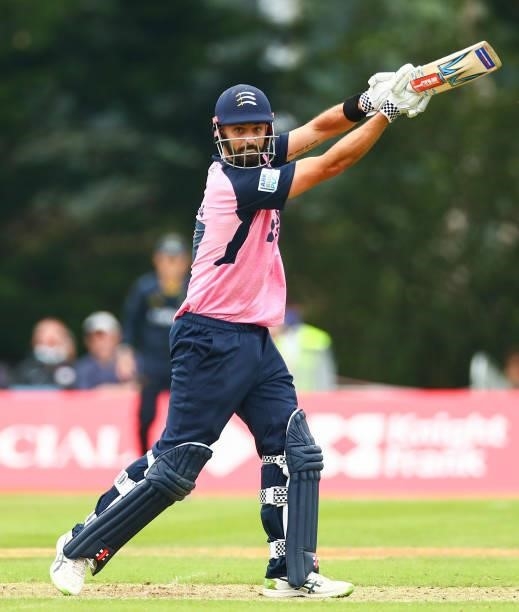 Daryl Mitchell of Middlesex bats during the Vitality Blast T20 match between Middlesex and Glamorgan at Radlett Cricket Club on June 27, 2021 in...