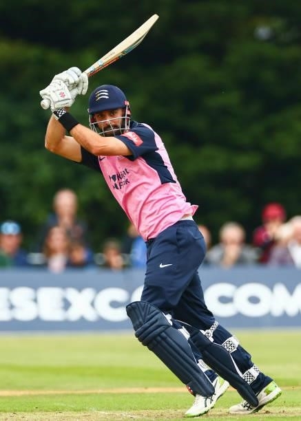 Daryl Mitchell of Middlesex bats during the Vitality Blast T20 match between Middlesex and Glamorgan at Radlett Cricket Club on June 27, 2021 in...