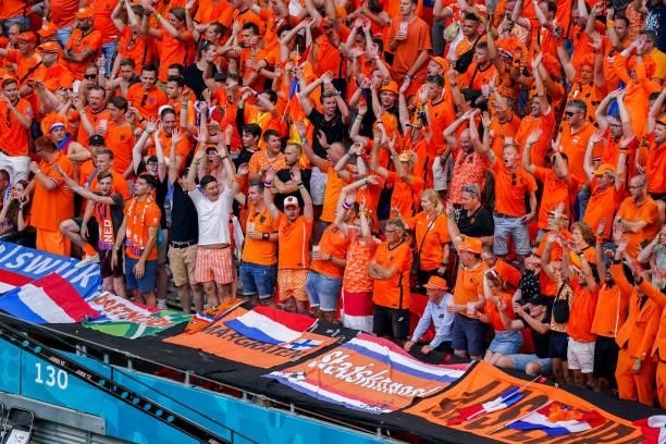 Supporters and fans of the Netherlands during the UEFA Euro 2020: Round of 16 match between Netherlands and Czech Republic at Puskas Arena on June...