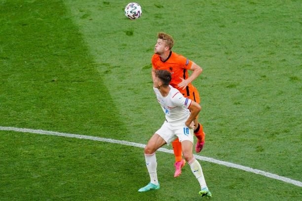 Patrik Schick of Czech Republic battles for possession with Matthijs de Ligt of the Netherlands during the UEFA Euro 2020: Round of 16 match between...