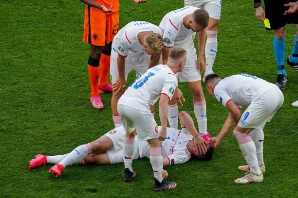 Pavel Kaderabek of Czech Republic injured during the UEFA Euro 2020: Round of 16 match between Netherlands and Czech Republic at Puskas Arena on June...