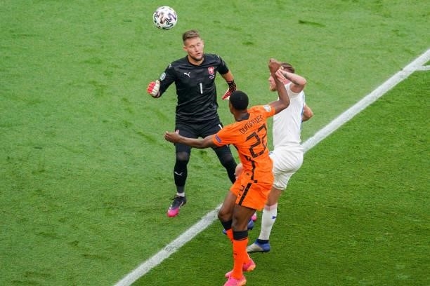 Tomas Vaclik of Czech Republic, Denzel Dumfries of the Netherlands battles for possession with Tomas Kalas of Czech Republic during the UEFA Euro...