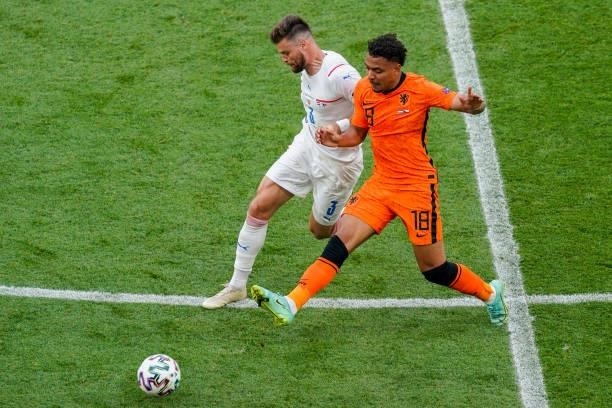 Ondrej Celustka of Czech Republic battles for possession with Donyell Malen of the Netherlands during the UEFA Euro 2020: Round of 16 match between...