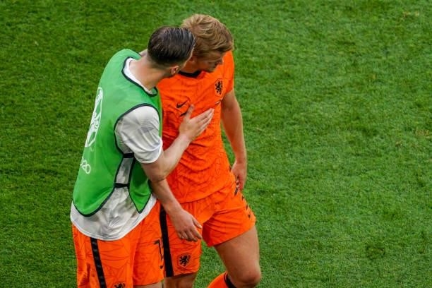 Matthijs de Ligt of the Netherlands disappointed after his red card, Wout Weghorst of the Netherlands during the UEFA Euro 2020: Round of 16 match...