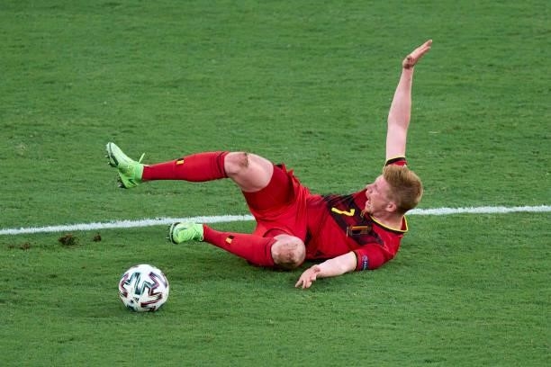 Kevin De Bruyne of Belgium reacts during the UEFA Euro 2020 Championship Round of 16 match between Belgium and Portugal at Estadio La Cartuja on June...